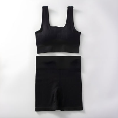 Essence SculptRib™ Seamless 2-Piece Yoga Set – Sports Bra & High-Waist Shorts