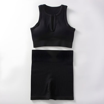 Essence SculptRib™ Seamless 2-Piece Yoga Set – Sports Bra & High-Waist Shorts