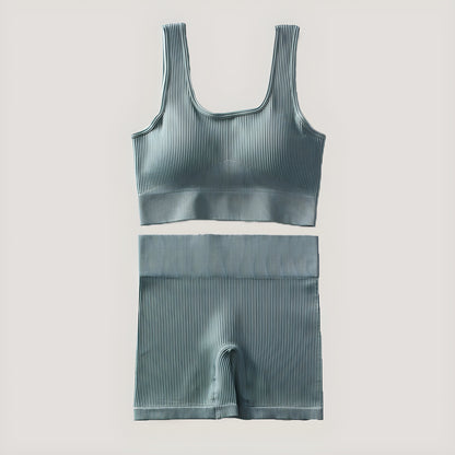 Essence SculptRib™ Seamless 2-Piece Yoga Set – Sports Bra & High-Waist Shorts