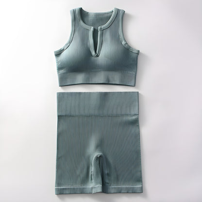 Essence SculptRib™ Seamless 2-Piece Yoga Set – Sports Bra & High-Waist Shorts