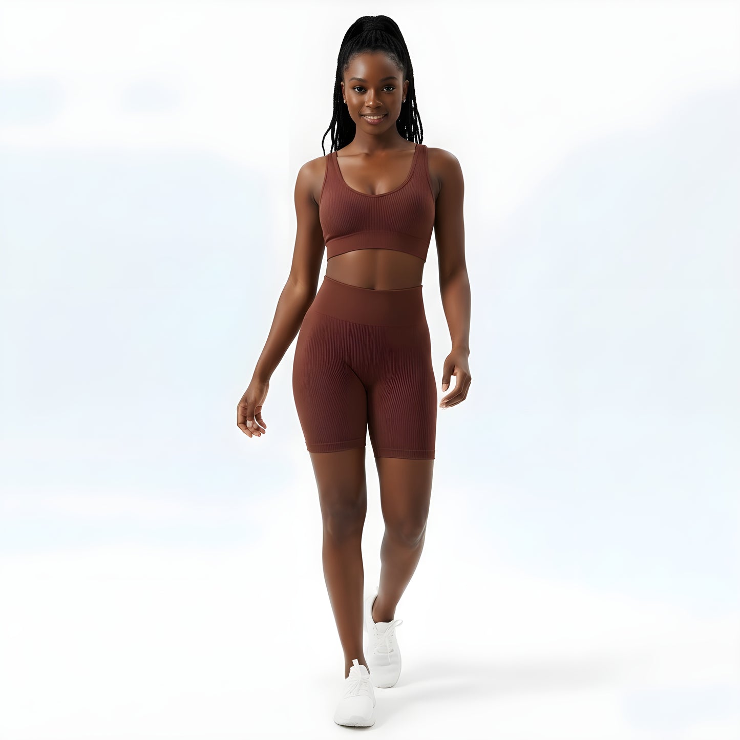 Essence SculptRib™ Seamless 2-Piece Yoga Set – Sports Bra & High-Waist Shorts