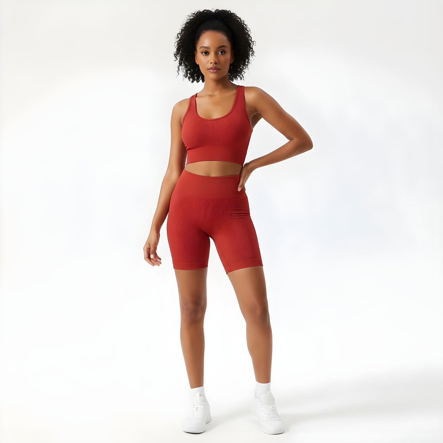 Essence SculptRib™ Seamless 2-Piece Yoga Set – Sports Bra & High-Waist Shorts