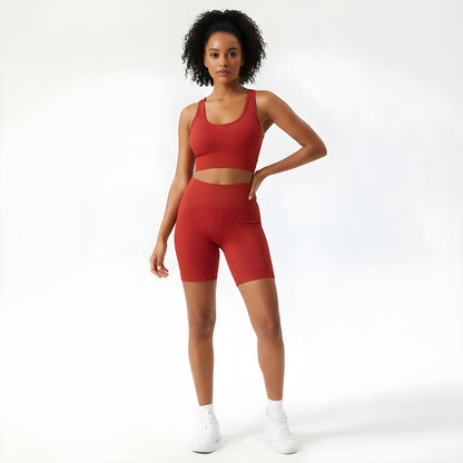 Essence SculptRib™ Seamless 2-Piece Yoga Set – Sports Bra & High-Waist Shorts