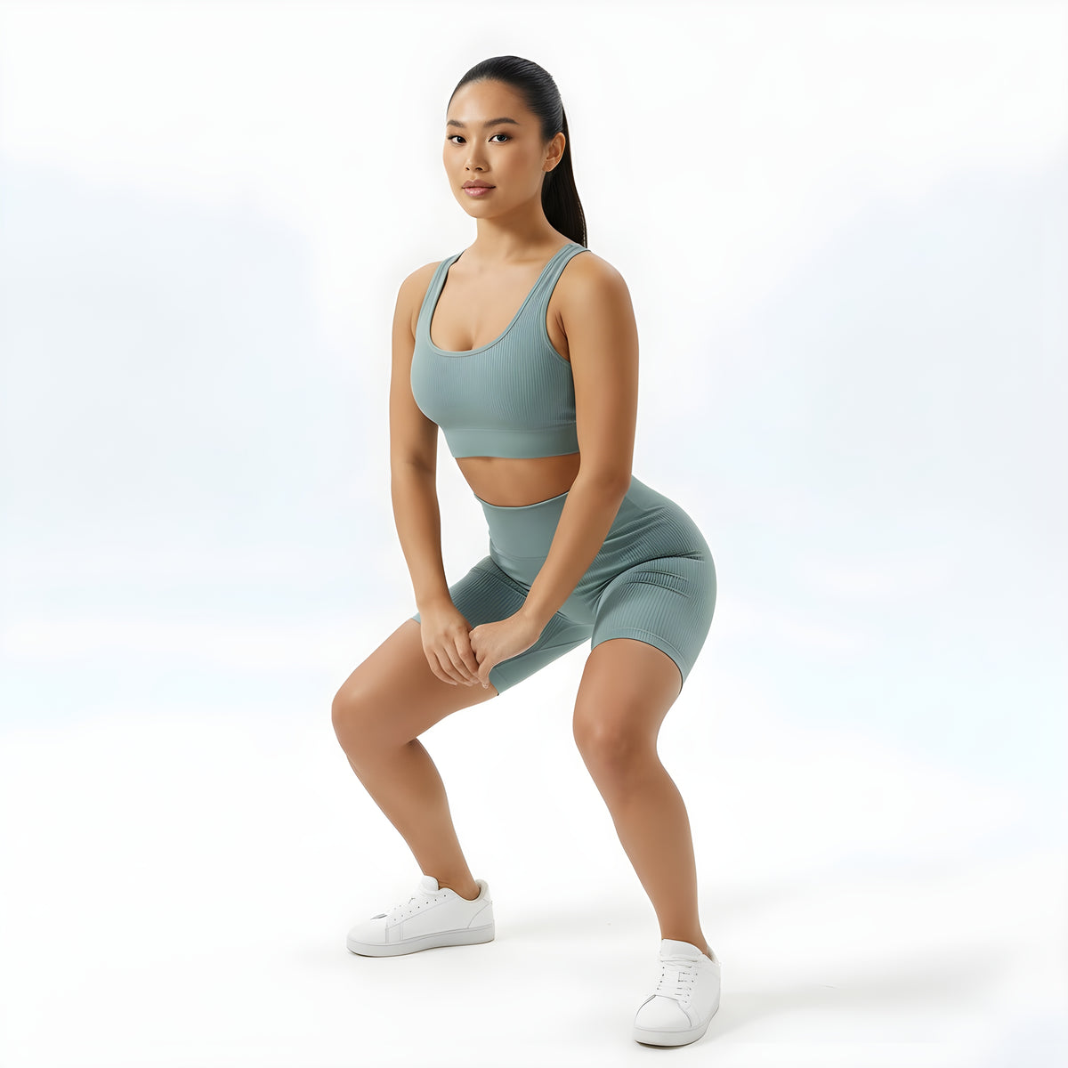 Essence SculptRib™ Seamless 2-Piece Yoga Set – Sports Bra & High-Waist Shorts